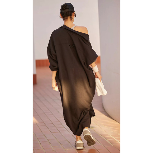 FREE PEOPLE FP MOVEMENT BLACK BLOCK PARTY SWEAT MAXI PULLOVER SWEATSHIRT DRESS L - Picture 5 of 8